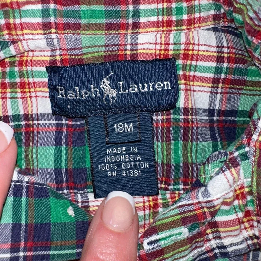 Ralph Lauren Boys 18M Green Plaid Short Sleeve Button Down‎ Shirt 320059053